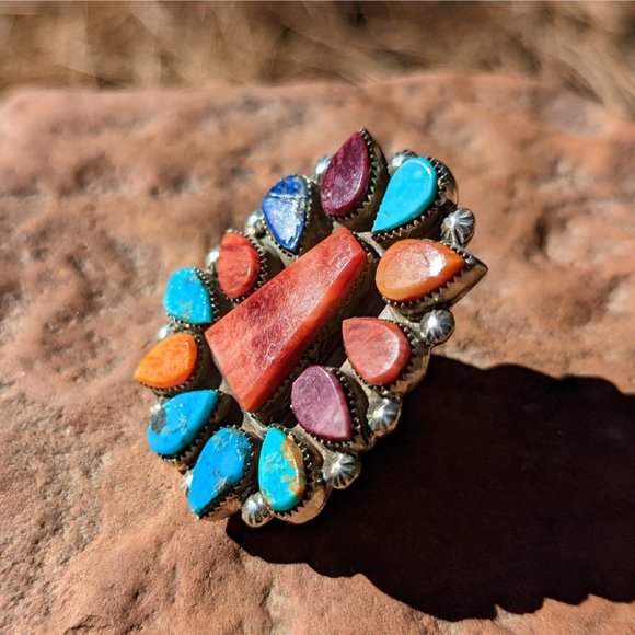 Navajo Sterling Silver Ring w Turquoise Spiny Oyster Cluster stones sz 6.5 - Picture 10 of 10